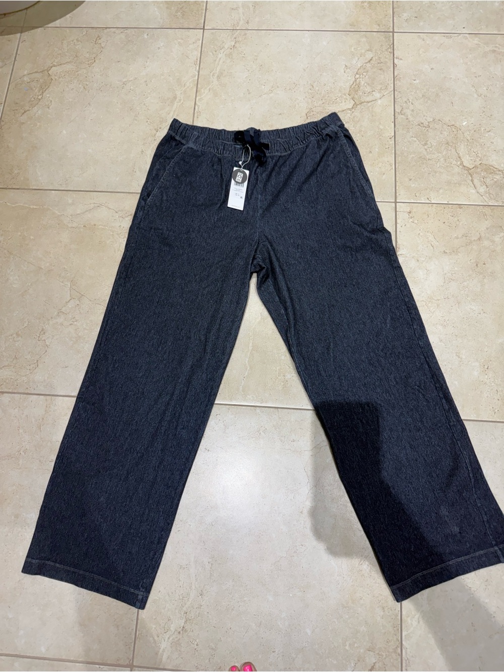 Eileen Fisher denim blue stretch Drawstring Wide-Leg Pants
